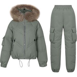 UPPJPBSW Dames nepbont gewatteerde capuchon 2-delige broek warme ski- en snow suits verdikte pufferjas parka,Army green,L