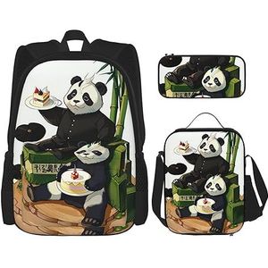 ZYVIA Pandas of Father and Son 3-delige zak rugzak lunchtas en potloodzakset, sterk en slijtvast, grote capaciteit voor scholen bergbeklimmen training, Zwart, Eén maat