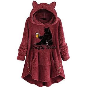 Dames pluche mantel kattenoren hoodie Kawaii karikatuur capuchon meisjes herfst en winter pullover voor feestjes reizen dagelijks schattige kat oor lange mouwen fuzzy pluffy tops, wijnrood, X-Large,