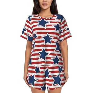 YQxwJL Rood Wit Ster Streep Vlag Print Vrouwen Pyjama Sets Shorts Korte Mouw Lounge Sets Nachtkleding Casual Pjs Met Zakken, Zwart, XL