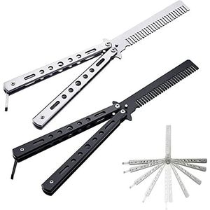 Cutefly Roestvrijstaalvlinderkam, 2 stuks, opvouwbare zakkam voor mannen, haarstyling (zilver/zwart)