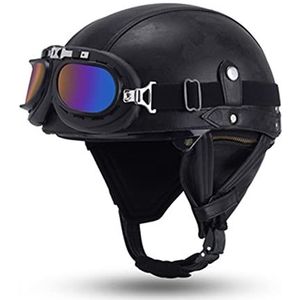 Lederen Motorhelm Unisex, Half Open Helm Met Bril, Nieuwigheid Motor Half Schaalhelm, Locomotief Halfgezicht Helmen ECE/DOT Goedgekeurd, Off-road Retro Motorcross Jethelm