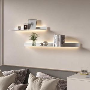 Metalen wandgemonteerde lichtgevende planken zwevende displayplank met ingebouwde verlichte led-lamp hangende displayrek wandplank for thuis slaapkamer woonkamer(White,150cm/59in)