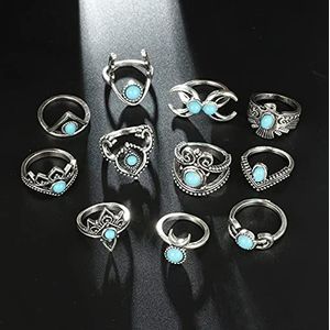 11 Stks/set Vintage Antiek Zilver Kleur Ringen Voor Vrouwen Maan Kroon Eagle Herten Blauwe Steen Ring Set Bohemen Sieraden