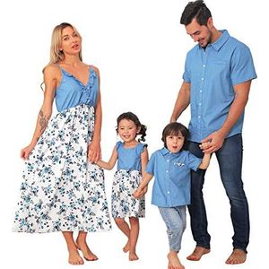 Familie bijpassende outfits voor hele familie vader en zoon zomervakantie t-shirt moeder en dochters bloemen print jurk korte mouw shirt ouder kind pak (Color : Light Blue, Size : Women XL)