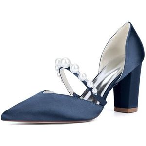 KYEGLO Dames Satijnen Puntige Neus Mode Dikke Hakken Met Parelbandje - Gesloten Neus Instapschoenen Voor Bruidsmeisjes Voor Feestelijke Bruiloften, Cadeaus Voor Vrouwen,Dark blue,36 EU