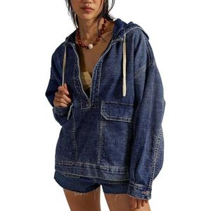 QOUERUUE Vrouwen Casual Denim Hoodie Pullover Tops Lange Mouw Losse Fit Half Zip Jean Hooded Sweatshirt, Donkerblauw, L