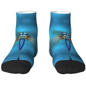 Blauwe Odonata patroon print veelzijdige sportsokken voor casual en sportkleding, geweldige pasvorm voor voetmaten 36-45, Blauw Odonata-patroon, Eén Maat