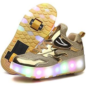 LED Trainers, LED Light-UP Rolschaatsen Schoenen, USB Oplaadbaar, Intrekbare Enkele Dubbele Wielen, Buitensporten Cross Schoenen Running Sneakers voor Unisex Kinderen Jongens Meisjes, Gold586 Dubbel