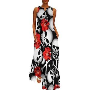 Schedels met rode bloemen dames enkellengte jurk slim fit mouwloze maxi-jurk casual zonnejurk XL