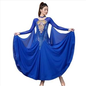 Yhsgscr Ballroomwedstrijdkleding met lange mouwen Banketjurk met pailletten Nationale standaard grote swingrok voor dames Professionele walsdanskleding,Blauw,3XL