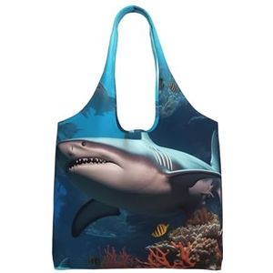RLDOBOFE Submarine Shark Coral Print Canvas Tote Bag voor Vrouwen Esthetische Boodschappentassen Schoudertas Herbruikbare Boodschappentassen, Zwart, One Size