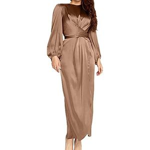 Vrouwen Avondjurken Vrouwen Arabische Moslim Satijn Bladerdeeg Lange Mouw Maxi Jurk Effen Kleur Wrap Front Self-Tie Abaya Dubai turkije Hijab Robe Kaftan (Color : Khaki, Size : M)