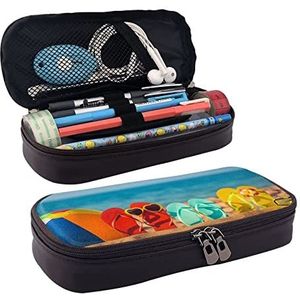 Grote capaciteit lederen etui stad straat rood retro auto briefpapier potlood tas make-up zakje draagbare kantoor briefpapier tas voor tieners meisjes volwassenen, Kleurrijke Flip Flops Beach Ball, Leather pencil case, Schoonheid Case