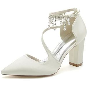 GHSIRUEU Parels Blok Hakken Sandalen Vrouwen Chunky Hak Pomp Schoenen Voor Bruid Bruiloft Feest Avondjurk Schoenen,ivoor,36 EU