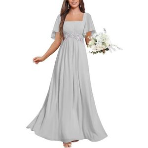 KIYNE Chiffon bruidsmeisjesjurken met mouwen kanten applicatie A-lijn vierkante hals formele avondjurk, Zilver, 32