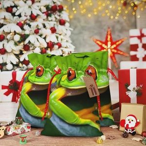 RLDOBOFE Gele ogen groene kikker print kerstcadeauzakje kerst trekkoord tas herbruikbare geschenkverpakking goody geschenkzakken met cadeaulabel aanwezig opbergtas voor Kerstmis Thanksgiving bruiloft