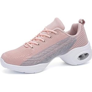 Hiuzylqx Dansschoenen voor dames, lichtgewicht, ademende jazzdansschoenen, veterschoenen met demping en mesh, platform sneakers,Roze,35 EU