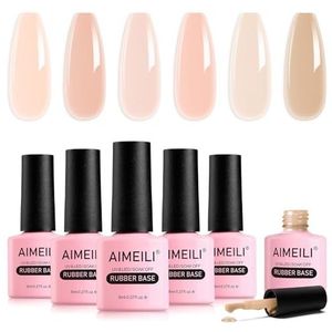 AIMEILI 4 in 1 Rubber Base Gel Nagellak UV/LED Soak Off Transparante Kleur Fine Glitter Base Coat voor Nail Enhancers Rhinestones Glue 6×8ml Gift Kit