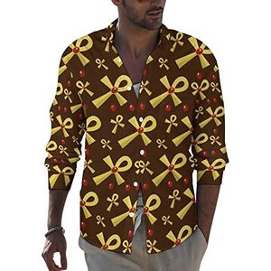 Gouden Ankh Patroon Heren Revers Lange Mouw Shirt Button Down Print Blouse Zomer Pocket Tees Tops 2XL