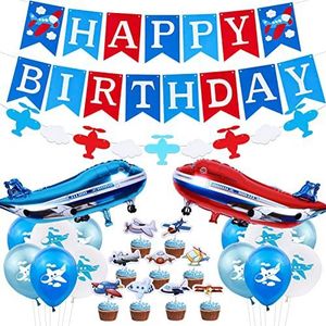 Jollyboom Vliegtuig Verjaardagsdecoraties Vliegtuig Ballonnen Cake Toppers Gelukkige Verjaardag Banner Tijd Vliegen Thema Feestbenodigdheden Vintage Vliegtuig en Wolken Garland voor Jongens Meisjes