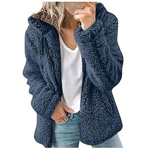 Kanpola Pluche jas voor dames, winterjas, teddy warme hoodie, pullover met capuchon, winter, ritssluiting, capuchonjas met zak, effen, casual jas, mantel, bovenstuk, Z - blauw, XL
