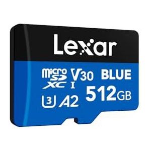 Lexar Blue Micro SD kaart 512GB, tot 160 MB/s leessnelheid, microSDXC UHS-I-kaart, klasse 10, U3, V30, A2, Full HD en 4K-video, snelle geheugenkaart voor smartphones/tablets/actioncamera's