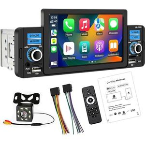 1 Din Apple CarPlayer Android Auto Stereo Media Ontvanger 5"" Touch Screen Autoradio met Ondersteuning Bluetooth Handsfree Bellen FM SWC USB AUX Mirror Link + 8 LED Backup Camera