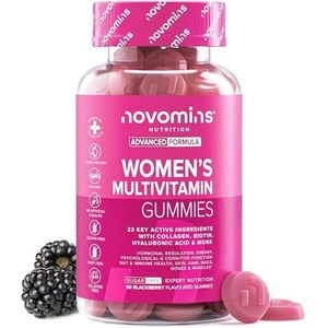 Multivitamine Gummies & Mineralen voor Vrouwen met Marien Collageen & Hyaluronzuur – 23 Vitaminen, Mineralen, Botanicals & Probiotica – Vitamine C, A, D, B, Biotine & Zink – 60 Gummies - Novomins