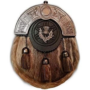 Volledige jurk Kilt Sporran Badge Stijl, Gouden/Bruin Bont, 3 Kwasten, Chrome Keltische Cantle met Distel, voor Mannen STRZ-020, Bruin/Goud, M