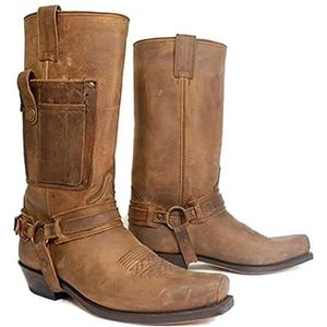 Western Cowboy Boots - Heren Square Toe Boots - Middeleeuwse PU Leather Low Heel Mid Tube Knights Boots voor Cosplay,Bruin,46