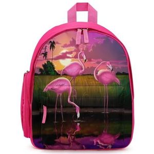 Roze Flamingo Vogels Paars Landschap Rugzak Gedrukt Laptop Rugzak Schoudertas Causale Reizen Dagrugzak voor Mannen Vrouwen Roze Stijl