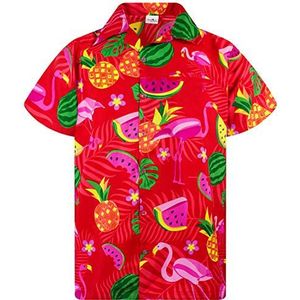 Funky Hawaiiaans Overhemd, Hawaii-Overhemd, Korte Mouw, Flamingo Melon, Rood, XL