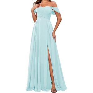 HPPEE Off-shoulder chiffon bruidsmeisjesjurken met split voor vrouwen mouwloze strapless avond formele jurk, Lichtblauw, 32