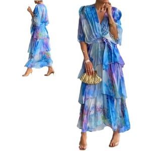 CupitiDU Elegante chiffon jurk - moeiteloze gratie voor elke gelegenheid, zomerse V-hals korte mouwen vloeiende midi-formele jurken, Blauw, 3XL