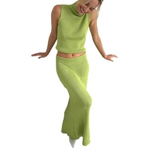 GKEIOSHQIL Dames 2-delige set Mouwloze Coltrui Gebreide Top Bodycon Lange Rok Set Loungewear,Groen,L
