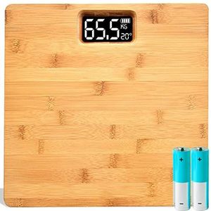 Retoo Personenweegschaal bamboe met lcd-scherm, houten weegschaal van bamboe, gewichtsweegschaal 30 x 30 cm, houten oppervlak, badkamerweegschaal tot 180 kg, digitale personenweegschaal