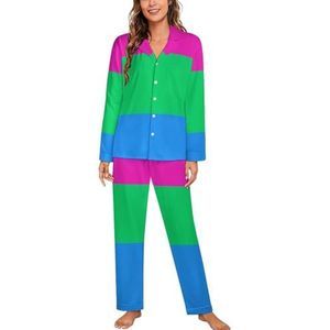 Polysexual Pride Flag LGBT pyjama met lange mouwen voor vrouwen, klassieke nachtkleding, nachtkleding, zachte pyjamasets