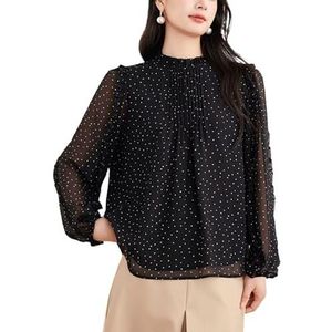 ROUZIHU Polka Dot Chiffon Shirt Stand Collar Commuter Shirt Lange Mouw Losse Dames Shirt(Schwarz,XXL)