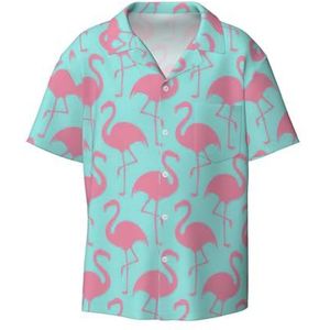 TyEdee Roze Flamingo-print Heren Korte Mouw Overhemden met Zak Casual Button Down Shirts Business Shirt, Zwart, 3XL