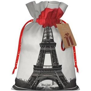 WSOIHFEC Eiffeltoren met rode paraplu, kerstcadeauzakjes met trekkoord, jute kersttraktatiezakken, herbruikbare kerstsnoepzak, geschenkverpakking, feestzakjes