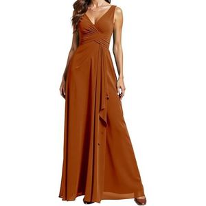 Dubbele V-hals Prinses Bruidsmeisjes Jurken Chiffon Prom Jurken met Split Formele Avond Party Gown ZM286, Verbrand Oranje, 46 grote maten