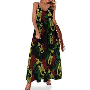 Rasta Lion One Love Zomerjurk voor dames, maxi-jurk, V-hals, mouwloos, spaghettibandjes, lange jurk