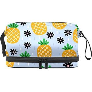 Dubbele Laag Cosmetische Tas Ananas Zwarte Bloem Draagbare Make-up Tas Reizen Organizer Pouch voor Vrouwen Meisjes Toiletartikelen Tassen, Meerkleurig, 27x15x14 cm/10.6x5.9x5.5 in, Make-up zakje