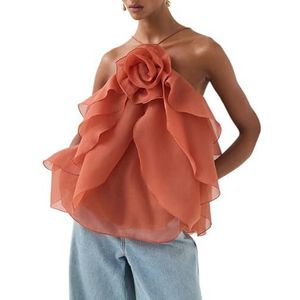 CakfLjkhl Spaghetti Strap Tank Top voor Vrouwen Ruffle Gelaagde Mouwloze Halter 3D Bloem Sexy Uitgaan Cami Tops,Oranje,L
