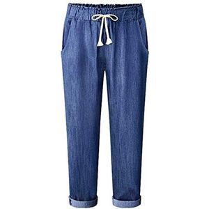 Huixin Losse casual broek voor dames, harembroek, denim, stretchbroek, kleding met elastische taille met trekkoord, effen broek, donkerblauw, XL