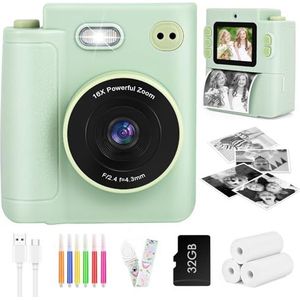 Ambesty Kindercamera, instant camera, 2,4 inch instantcamera voor kinderen, met 32G-kaart en fotopapier, 1080p HD digitale camera, cadeau voor jongens en meisjes van 3-12 jaar, groen