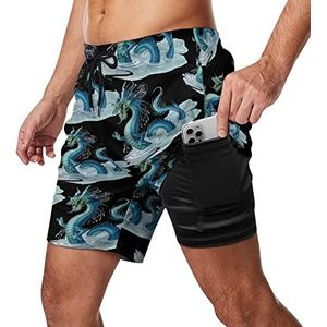 Chinese Dragon Zwembroek voor heren, sneldrogend, 2-in-1 strandsportshorts met compressieliner en zak