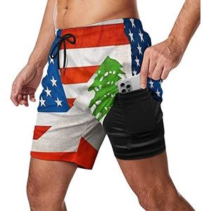 Vintage USA Libanon Flag Heren Zwembroek Sneldrogende 2 in 1 Beach Sport Shorts met Compressie Liner En Pocket