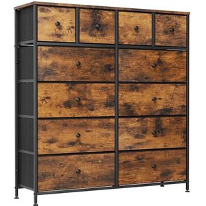 Clevich Stoffen commode, kaptafel kast, opbergkast, 12 stoffen laden, metalen frame, industriële stijl, voor woonkamer, hal, slaapkamer (Retro bruin+zwart)